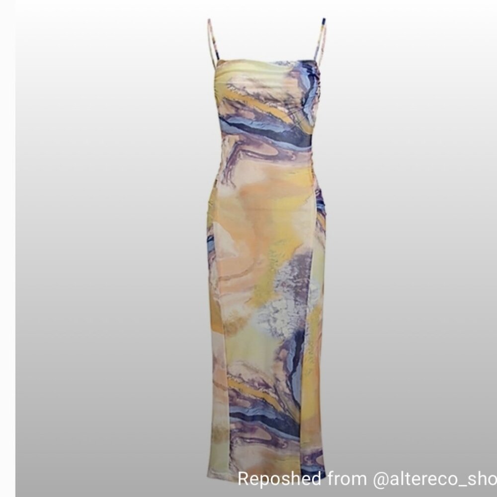 NWT Commense Tie Die Mesh Ruched Midi Dress Size S